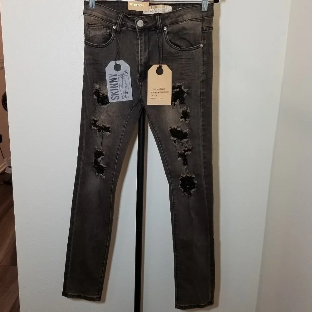 STREET JEANS Mens 30X32 Distressed Skinny Fit Black/Brown Wash Retro Street NWT